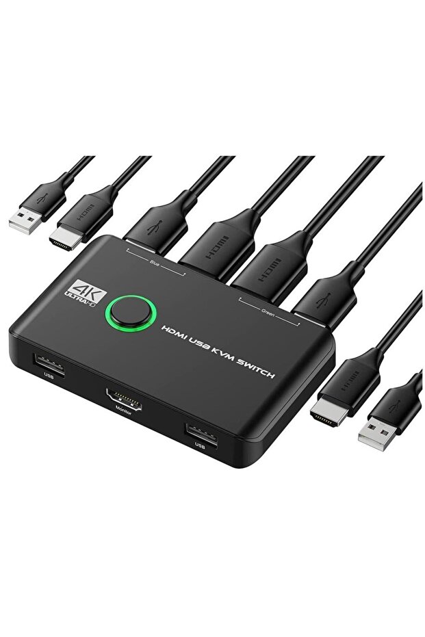 4K HDMI Kvm Switch 2 Port USB 2 Pc Single Case Keyboard Mouse Control Multiplexer