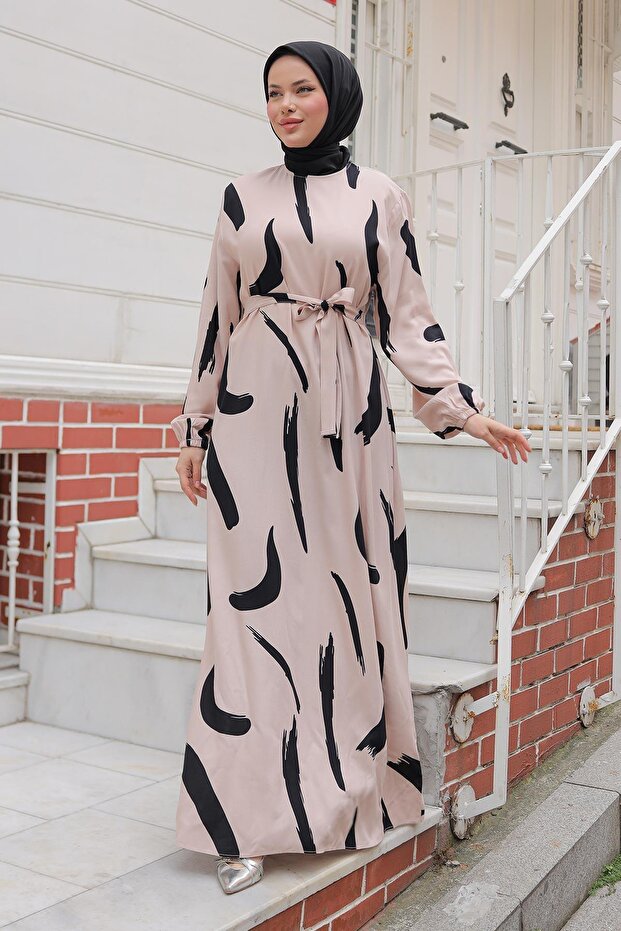 Large Brush Patterned Viscose Dress Beige
