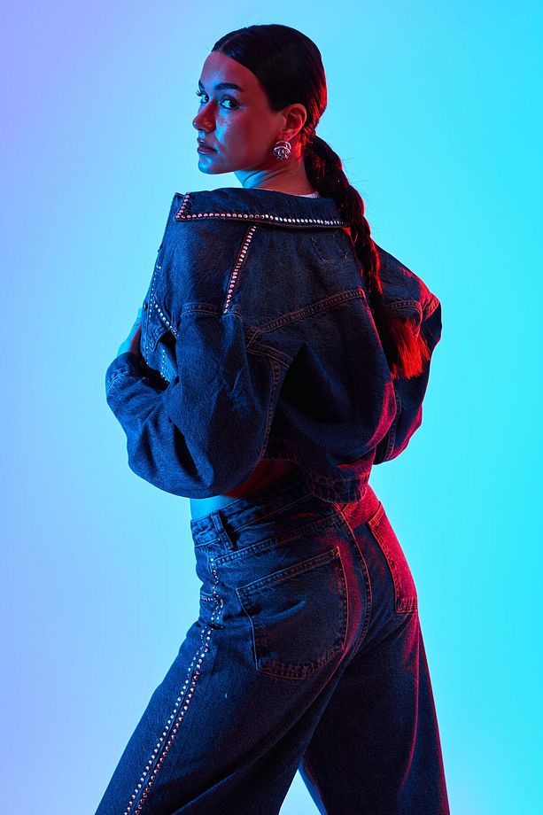 Kadın T.Kot Rengi 2W4-8 Zımba Parlak Taşlı Tasarım Denim Ceket - 5
