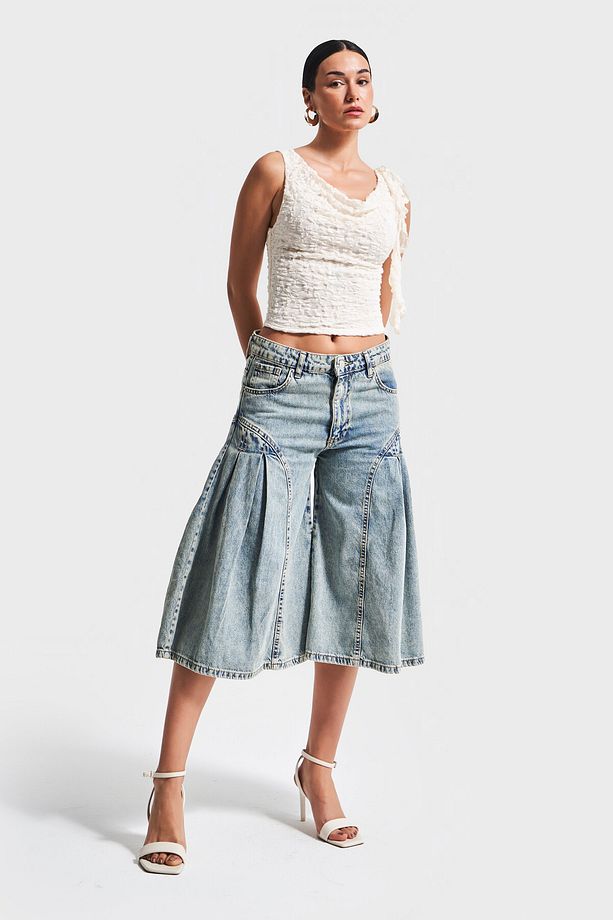 Kadın T.Kot Rengi V-3S5-65 Elaphant Leg Fit Bol Kesim %100 Koton Maxi Boy Denim Şort Bermuda - 6