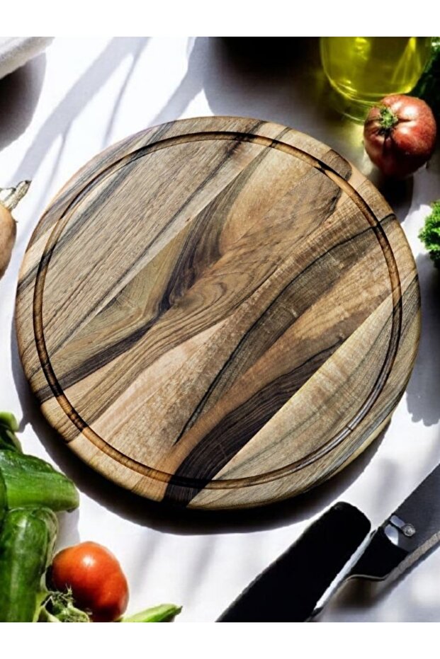 Walnut Wood 40 cm Corrugated Round Rustic Natural Wood Channel Pizza Presentation Chopping Cutting Board