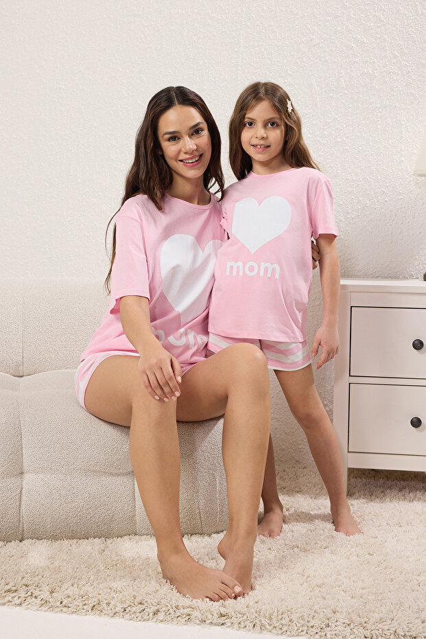 Kadın Mini Me/Anne Kız Pembe %100 Pamuklu Çizgili Kalpli Şortlu Örme Pijama Takımı THMSS25PT00343 - 3
