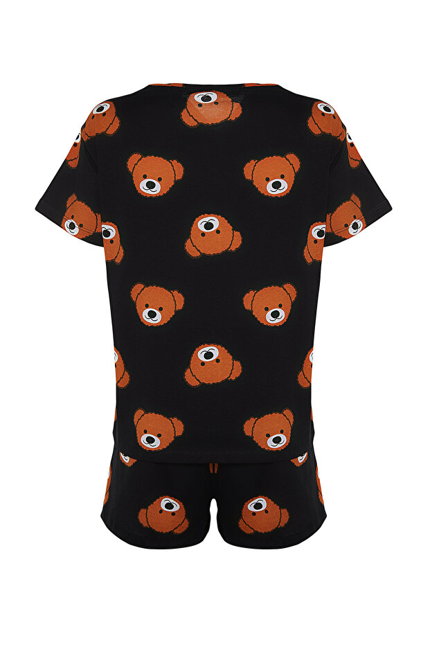 Kadın Family/Aile Siyah %100 Pamuklu Ayıcıklı Şortlu Örme Pijama Takımı THMSS23PT00005 - 11