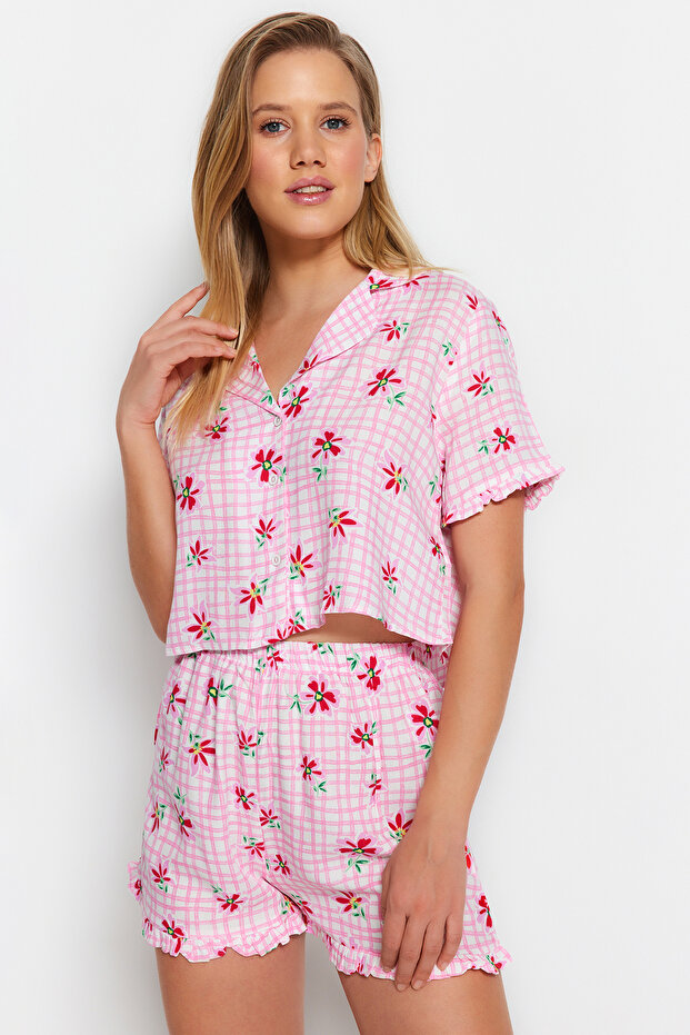 Kadın Mini Me/Anne Kız Pembe Çiçekli Fırfırlı Viskon Şortlu Dokuma Pijama Takımı THMSS23PT00167 - 4