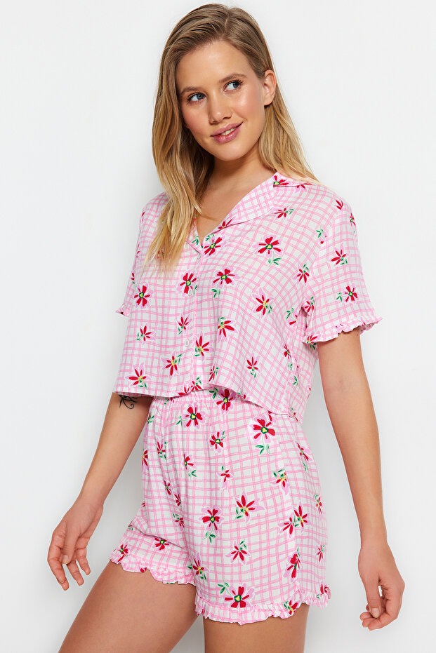 Kadın Mini Me/Anne Kız Pembe Çiçekli Fırfırlı Viskon Şortlu Dokuma Pijama Takımı THMSS23PT00167 - 5