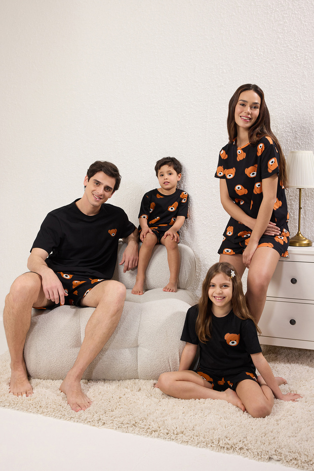 Kadın Family/Aile Siyah %100 Pamuklu Ayıcıklı Şortlu Örme Pijama Takımı THMSS23PT00005 - 2