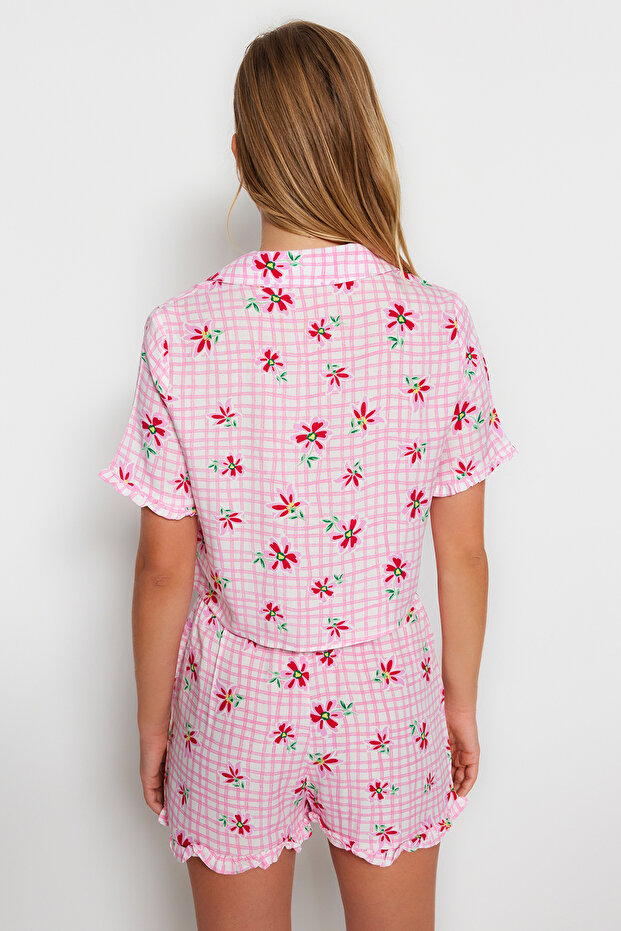 Kadın Mini Me/Anne Kız Pembe Çiçekli Fırfırlı Viskon Şortlu Dokuma Pijama Takımı THMSS23PT00167 - 10