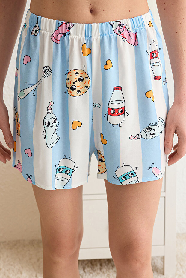 Kadın Mini Me/Anne Kız Açık Mavi Eğlence Desenli Viskon Şortlu Dokuma Pijama Takımı THMSS22PT0069 - 5