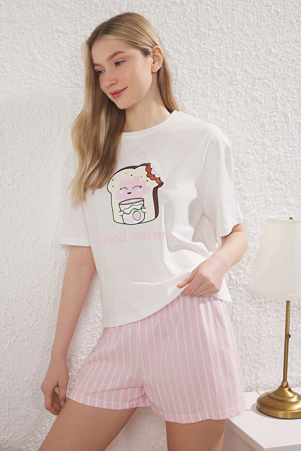 Kadın Mini Me/Anne Kız Beyaz %100 Pamuklu Çizgili Baskılı Şortlu Örme Pijama Takımı THMSS25PT00353 - 4