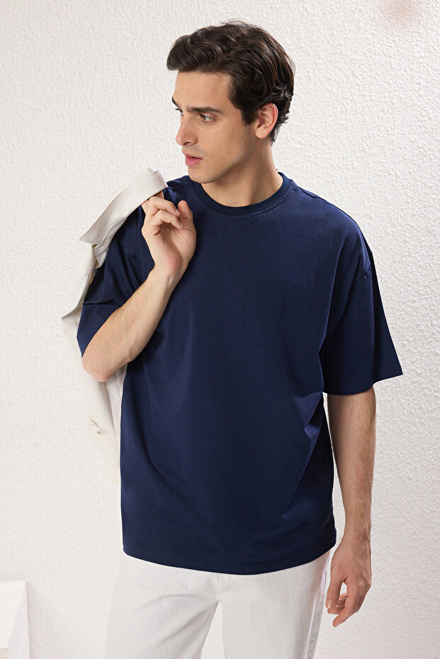 Lacivert-Bej Oversize/Geniş Kesim 2'li Paket Yazı Baskılı-Düz %100 Pamuk T-Shirt TMNSS25TS00215 - 5