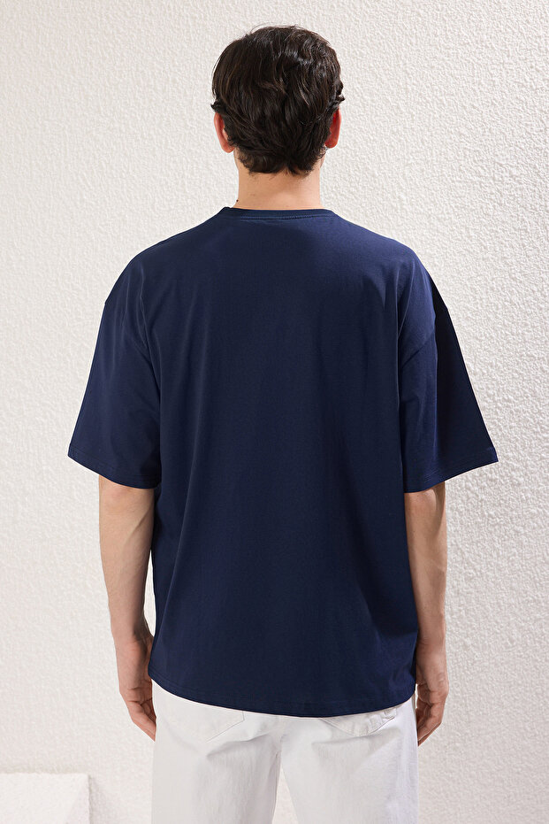 Lacivert-Bej Oversize/Geniş Kesim 2'li Paket Yazı Baskılı-Düz %100 Pamuk T-Shirt TMNSS25TS00215 - 6
