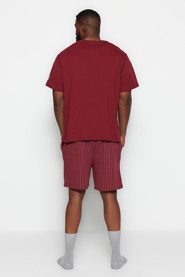 Büyük Beden Bordo Regular Fit Rahat Baskılı Şortlu Pijama Takımı TMNSS23PT00014 - 3