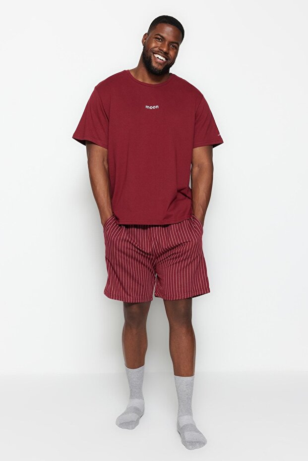 Büyük Beden Bordo Regular Fit Rahat Baskılı Şortlu Pijama Takımı TMNSS23PT00014 - 2
