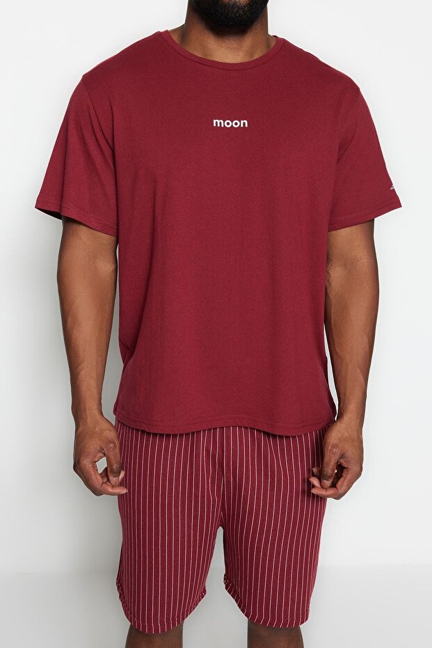 Büyük Beden Bordo Regular Fit Rahat Baskılı Şortlu Pijama Takımı TMNSS23PT00014 - 7