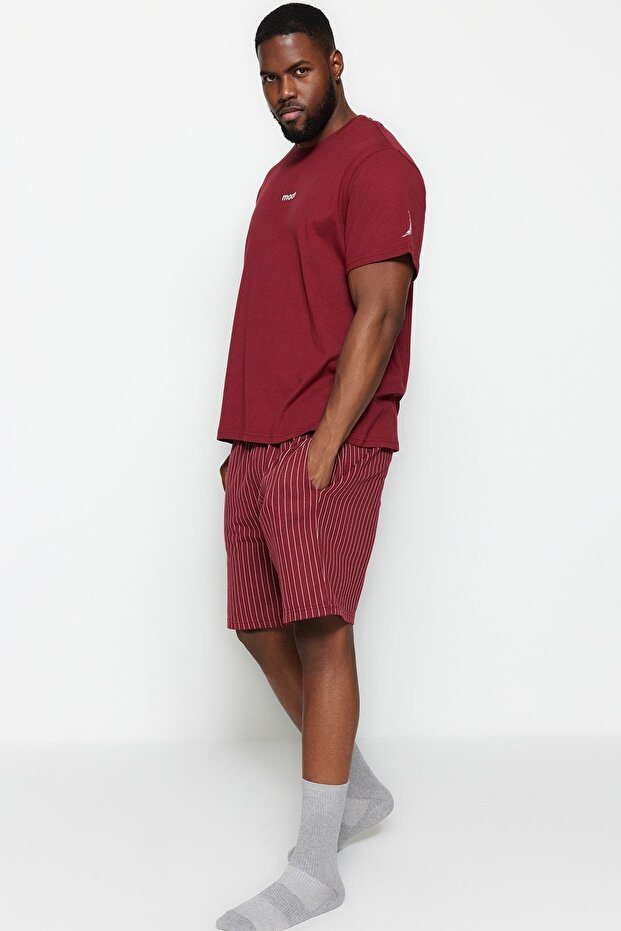 Büyük Beden Bordo Regular Fit Rahat Baskılı Şortlu Pijama Takımı TMNSS23PT00014 - 5