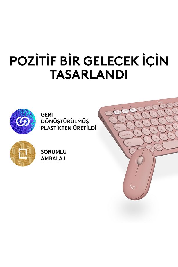 Pebble 2 Set Çoklu Cihaz Özellikli Sessiz Kablosuz Türkçe Q Klavye ve Mouse Seti - Pembe - 12
