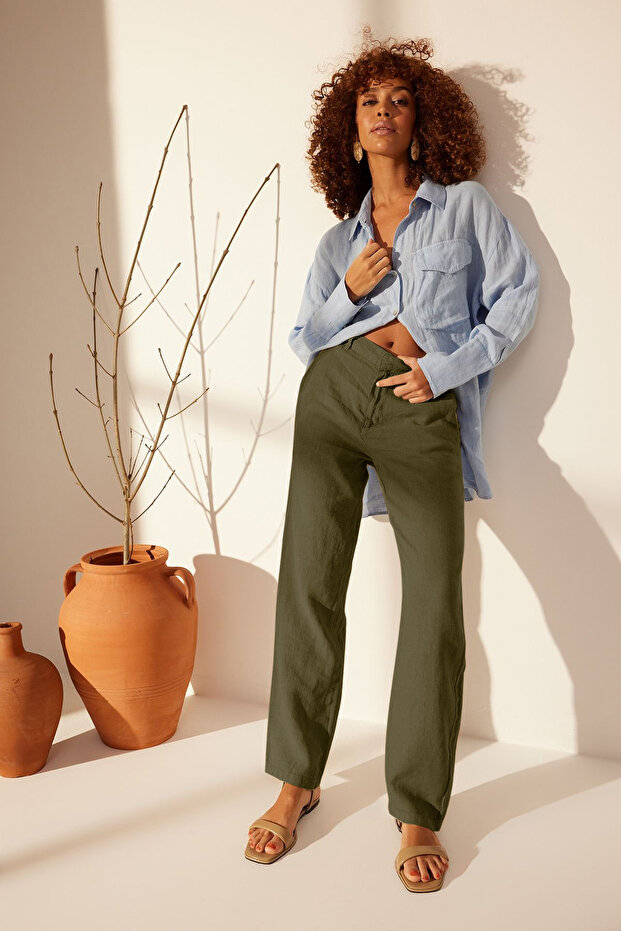 Haki %100 Keten Yüksek Bel Wide Leg Pantolon TWOSS24JE00246 - 5