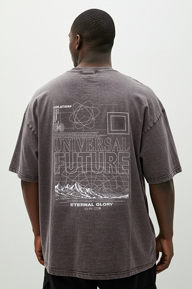 Büyük Beden Antrasit Oversize/Geniş Kesim Soluk Efektli Baskılı %100 Pamuk T-Shirt TMNSS25BF00015 - 1