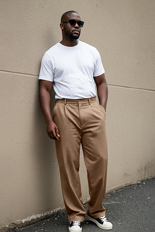 Бежеві вільні тканинні штани з широкими штанинами великого розміру TMNAW25AR00000 - 2