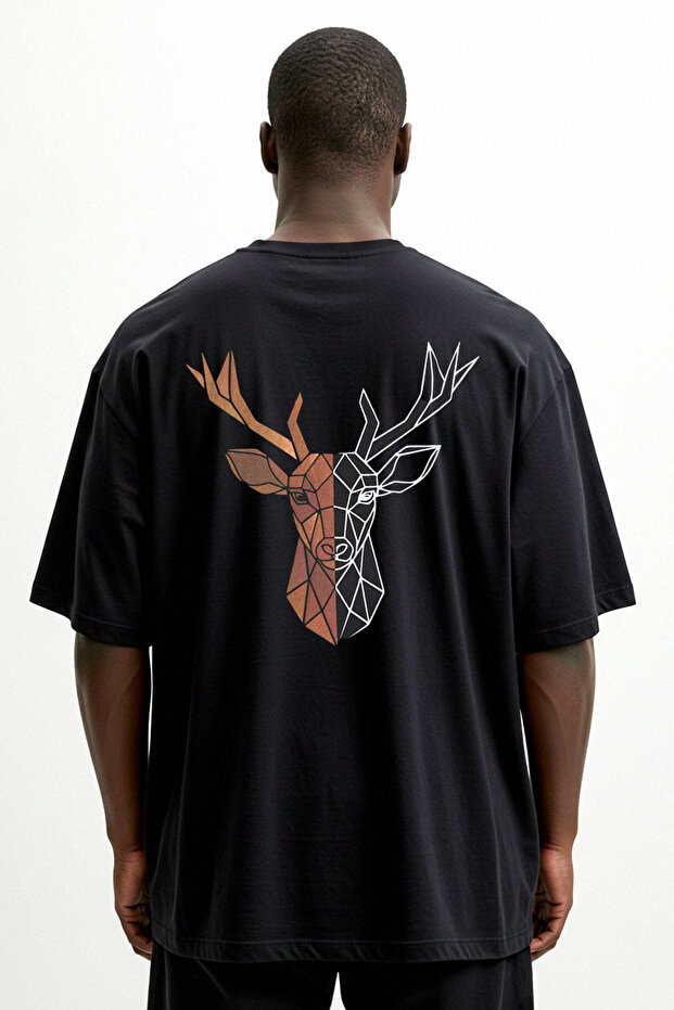 Siyah Büyük Beden Oversize/Geniş Kesim Geyik Baskılı %100 Pamuk T-Shirt TMNSS25BF00026 - 3