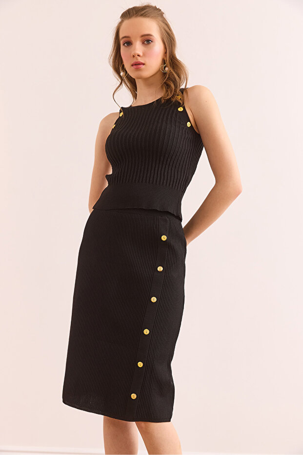 Women's Black Button Detailed Bottom Top Knitwear Set Tkm- 19000367