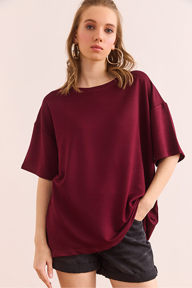 Women's Burgundy Crew Neck Oversize Soft Textured T-Shirt Tsh- 19000865