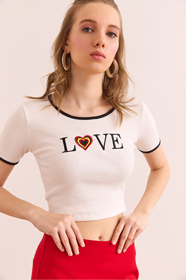 Women's White Love Embroidered Crop Stretchy Cotton Blouse Blz- 19002905