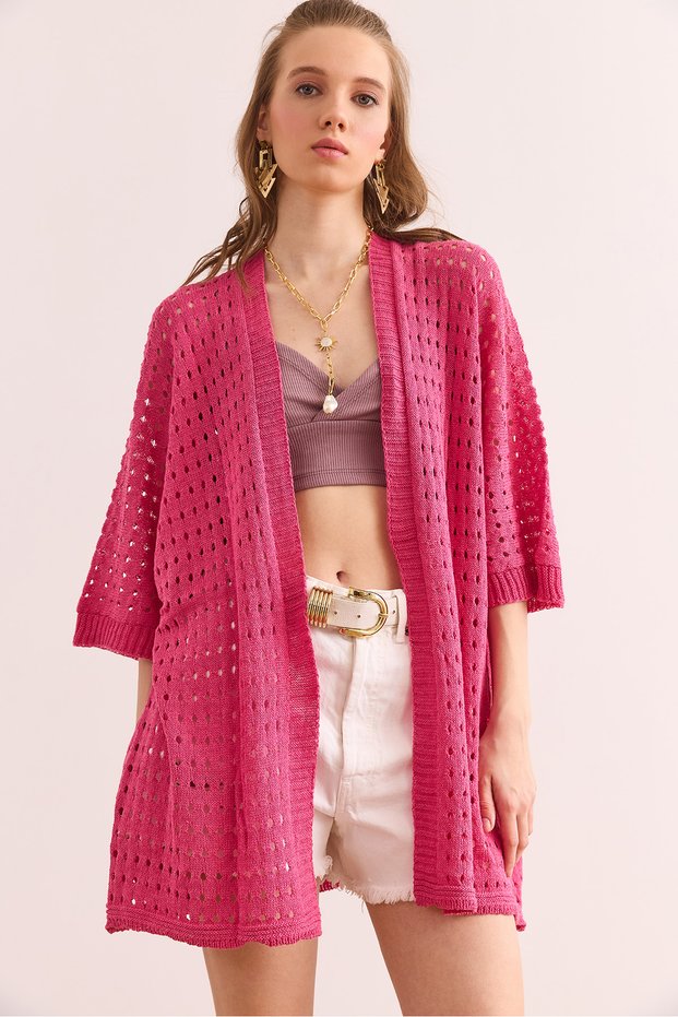 Women's Fuchsia Openwork Summer Knitwear Cardigan Hrk- 19000348
