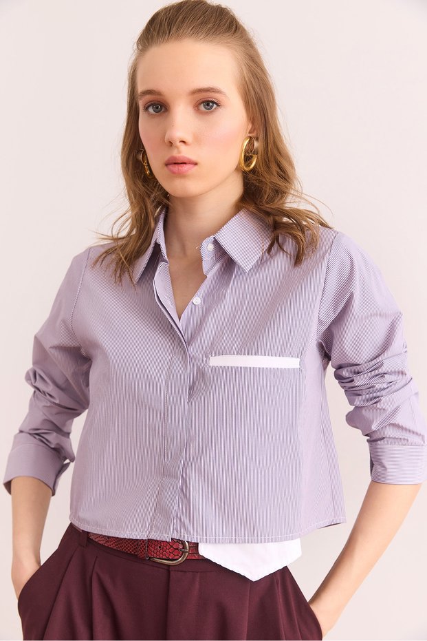 Women's Purple Pocket Detailed Striped Crop Shirt Gml- 19001310