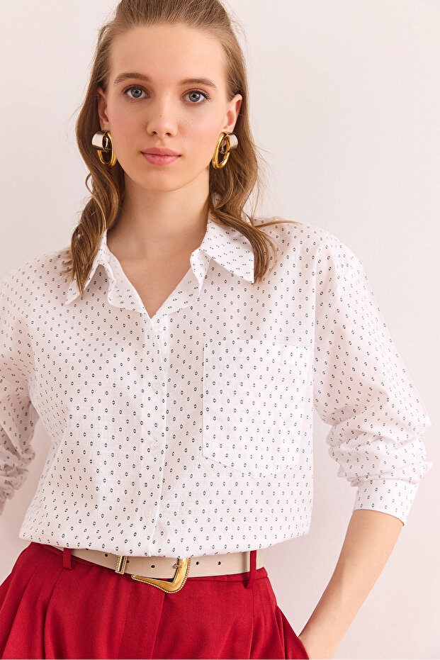 Women's White Green Single Pocket Regular Fit Cotton Shirt Gml- 19001307