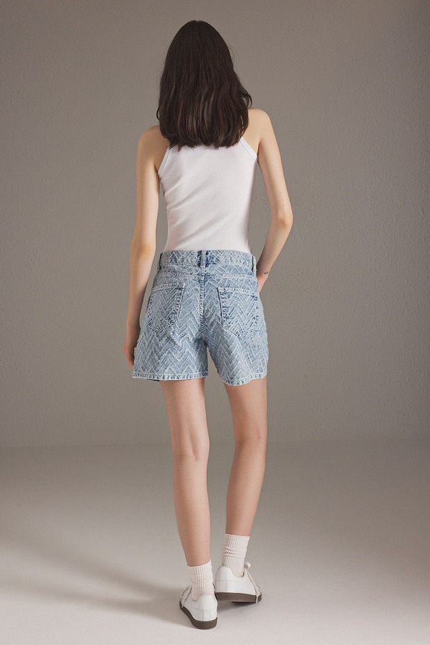 Açık Mavi Püskül Detaylı Yüksek Bel City Boy Denim Şort TWOSS25SR00145 - 4