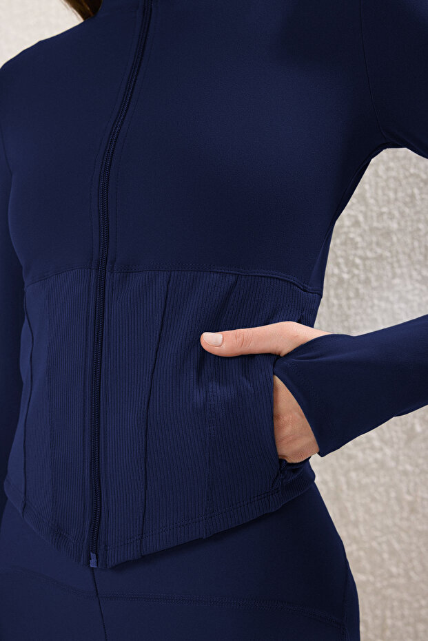 Lacivert Fırçalı Soft Kumaş Baş Parmak Delikli Örme Spor Ceket/Sweatshirt THMAW25SK00001 - 2
