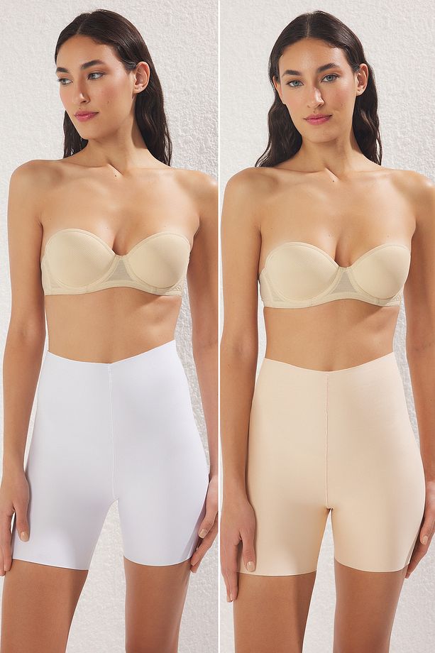 Beyaz-Koyu Ten 2'li Paket Micro Yüksel Bel İz Yapmaz Boxer Örme Külot THMSS25KU00010 - 1