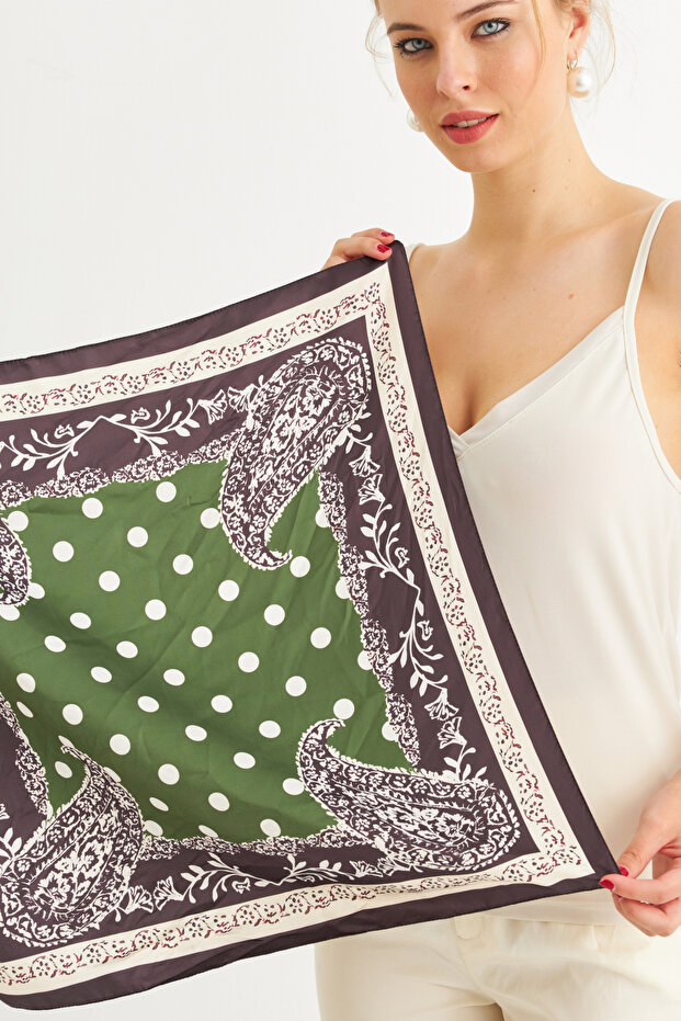 Damski szalik satynowy khaki-ecru FIR100 - 2