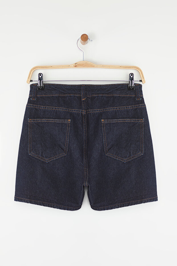 Koyu Mavi Taşlı Yüksek Bel City Boy Denim Şort TWOSS25SR00102 - 7