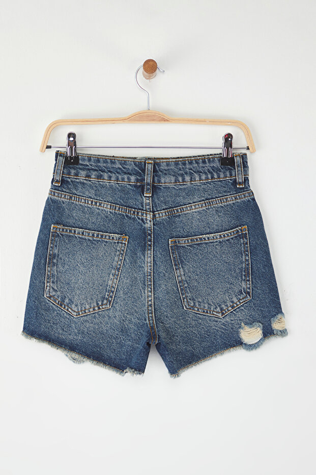 Koyu Mavi Normal Bel Yırtık Detaylı Mini Denim Şort TWOSS25SR00171 - 6