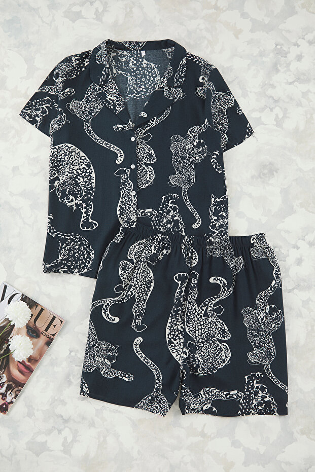 Komplet piżamowy z kołnierzykiem w kolorze antracytowym z wzorem tygrysa TBBSS24AI00072 - 1