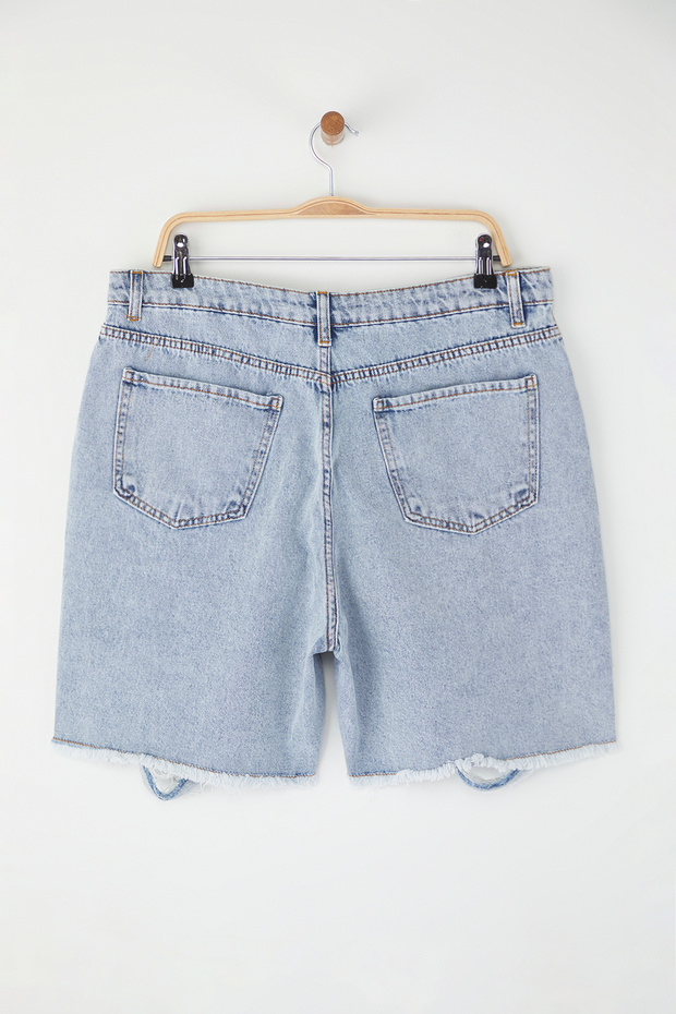 Mavi Yüksek Bel Destroy Detaylı Büyük Beden Denim Şort TBBSS25AP00034 - 8