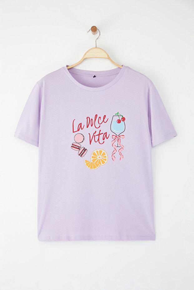 Lila Kokteyl Baskılı Fit Büyük Beden T-shirt TBBSS25BF00068 - 5