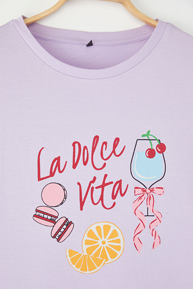 Lila Kokteyl Baskılı Fit Büyük Beden T-shirt TBBSS25BF00068 - 6