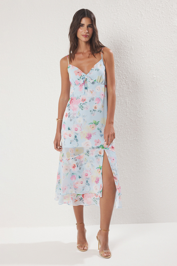 Açık Mavi Çiçekli Maxi Dokuma Elbise TWOSS25EL00658 - 1