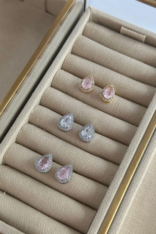 Zirkon Taş Detaylı Tek Taş Damla Minimal Küpe Pembe - 2