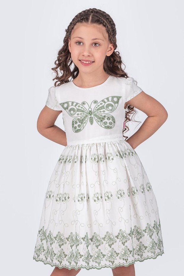 Butterfly Embroidered Short Sleeve Girl's Brode Dress - Khaki