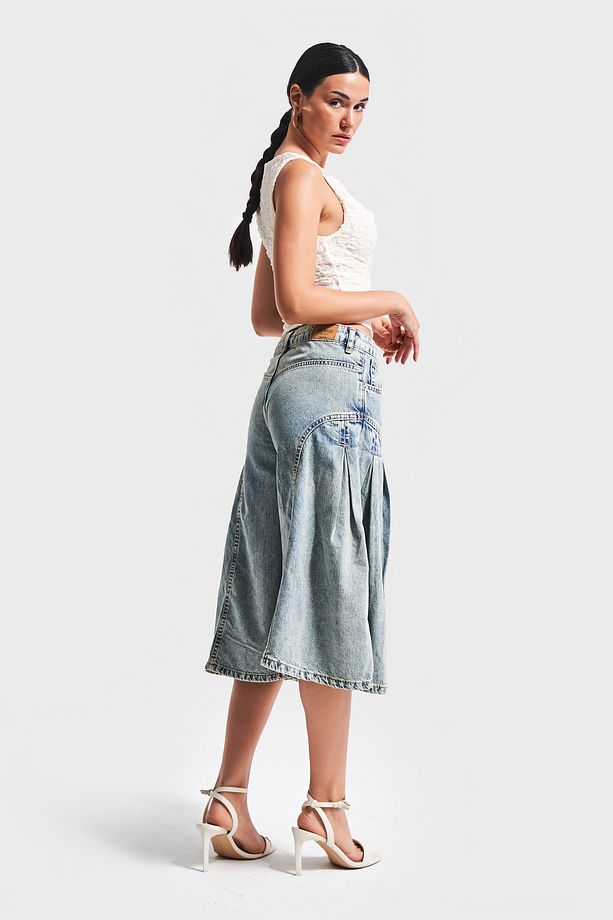 Kadın T.Kot Rengi V-3S5-65 Elaphant Leg Fit Bol Kesim %100 Koton Maxi Boy Denim Şort Bermuda - 4