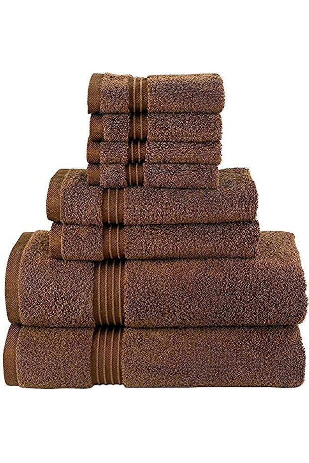 8 Piece 100% Combed Cotton 550 GSM Highly Absorbent Towel Set - Brown