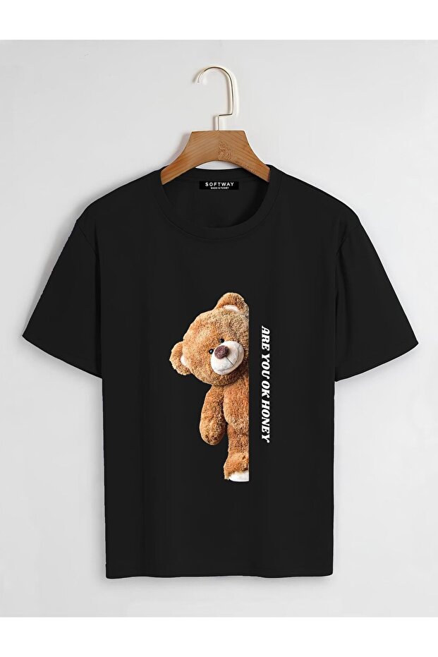 Unisex Organic Oversize Are You Ok Honey Printed Basic T-Shirt - Black