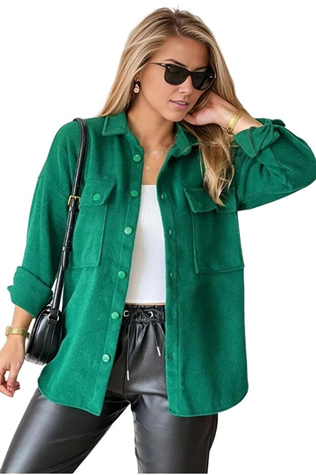Women's Emerald Green Stamp Shirt - Thin Seasonal Jacket