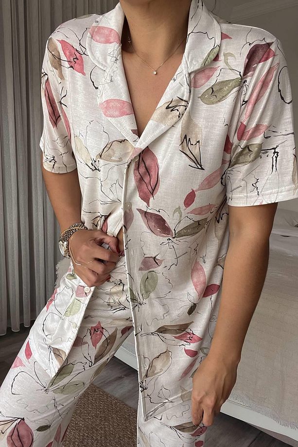 Renkli Yaprak Desenli Penye Pijama Takımı - 6