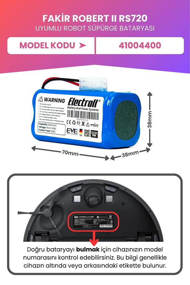 Fakir Robert Iı Rs720 Uyumlu Batarya (MAKSİMUM KAPASİTE) 3500mah Robot Süpürge Bataryası 41004400 - 2