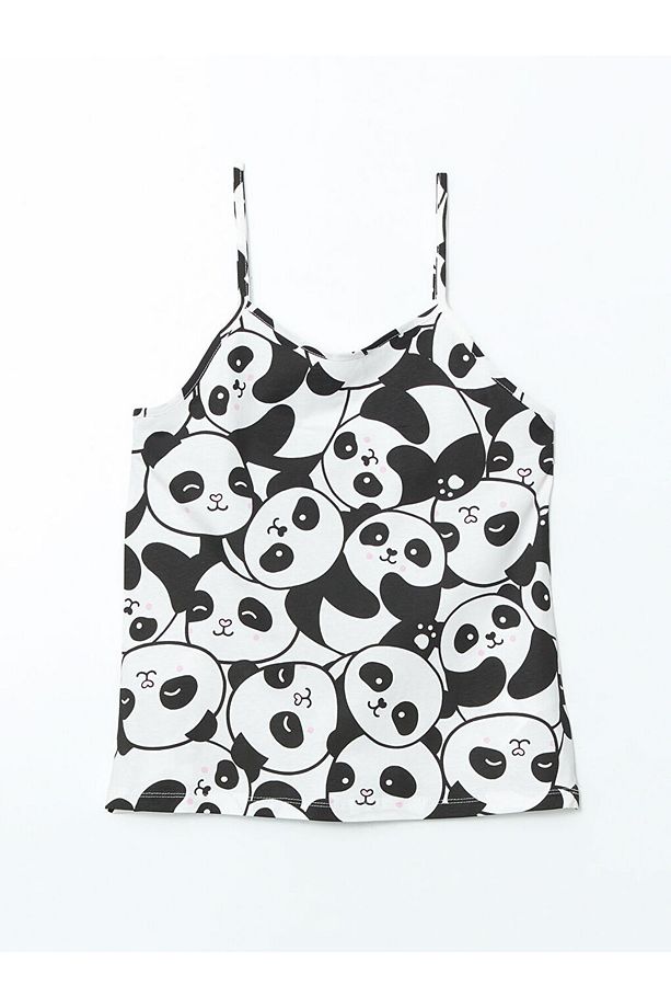 LCW Young Ekru Panda Desenli Askılı Kadın Şortlu Pijama Takımı - 7